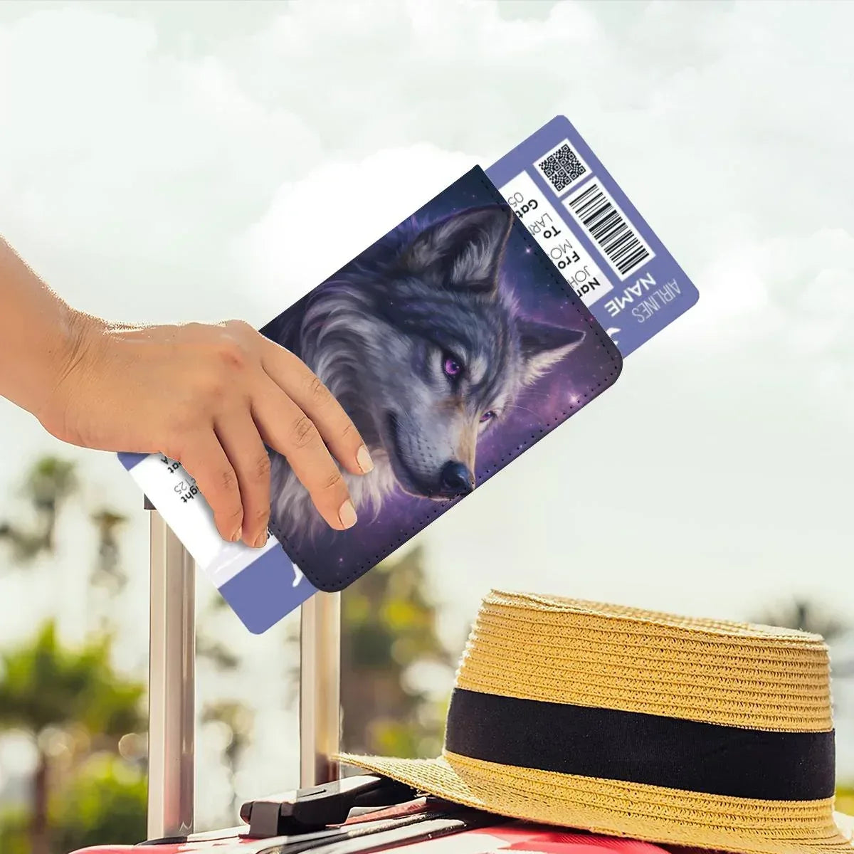 Personalized Galaxy Wolf Passport Holder | Custom Name | Purple Eyes Cosmic Wolf PU Leather Travel Cover