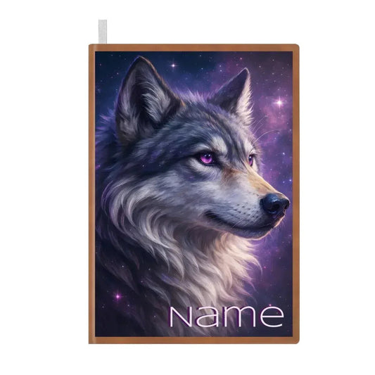 Personalized Wolf Journal | Custom Name | Cosmic Galaxy Portrait Glowing Violet Eye Purple Starry Sky A5 PU Leather Notebook Gift