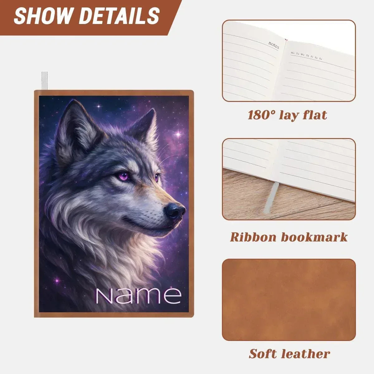Personalized Wolf Journal | Custom Name | Cosmic Galaxy Portrait Glowing Violet Eye Purple Starry Sky A5 PU Leather Notebook Gift