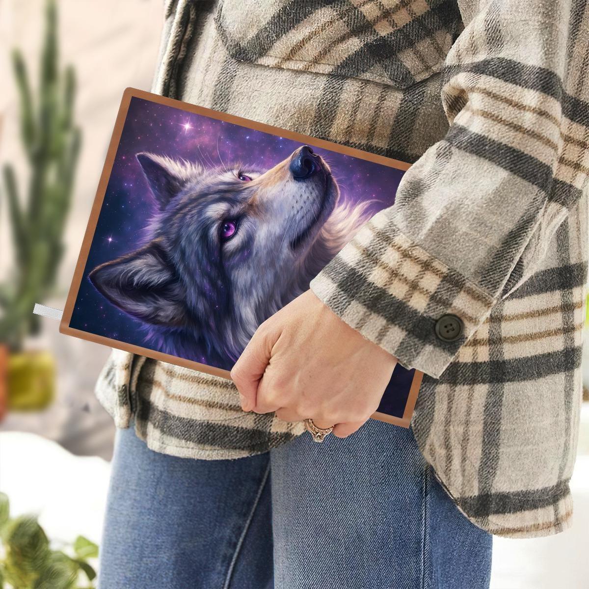 Personalized Wolf Journal | Custom Name | Cosmic Galaxy Portrait Glowing Violet Eye Purple Starry Sky A5 PU Leather Notebook Gift
