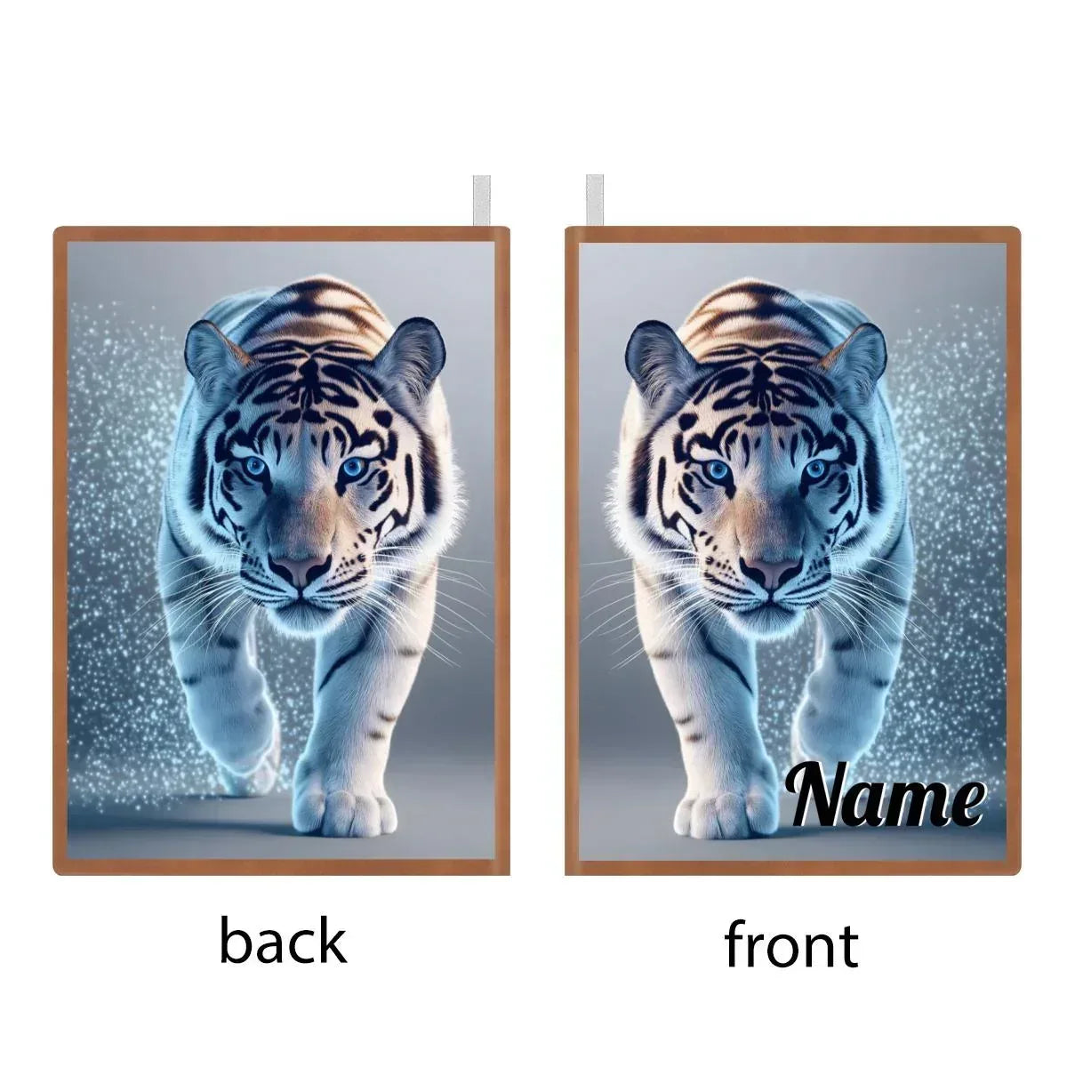 Personalized Tiger Notebook | Custom Name | White Tiger Icy Blue Frost Walking Toward You A5 PU Leather Writing Journal Gift