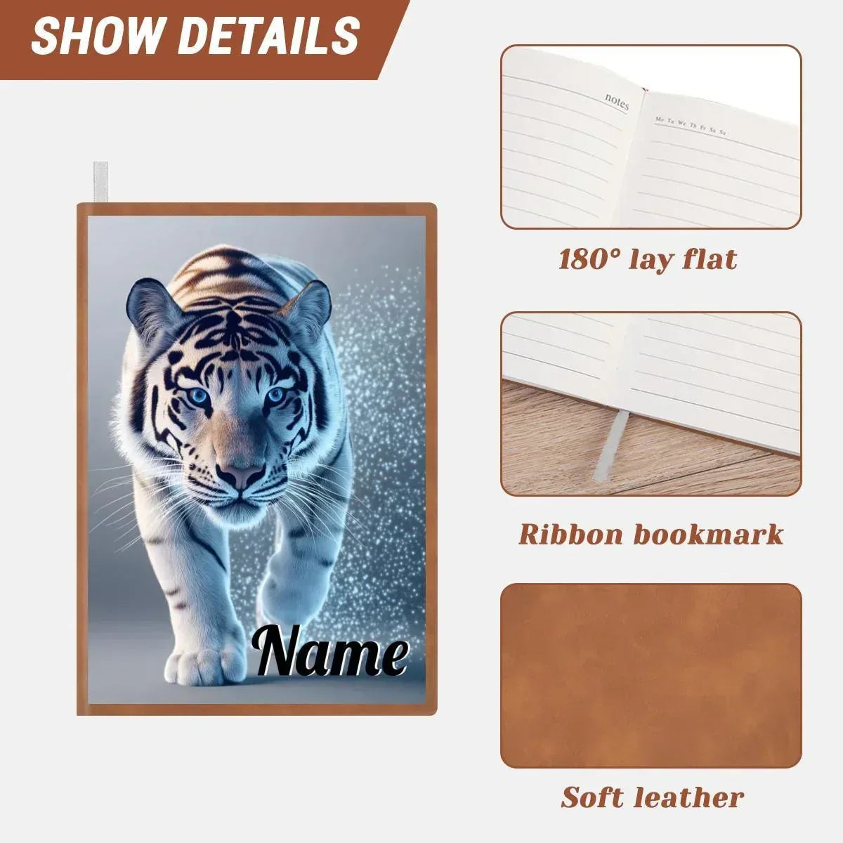 Personalized Tiger Notebook | Custom Name | White Tiger Icy Blue Frost Walking Toward You A5 PU Leather Writing Journal Gift