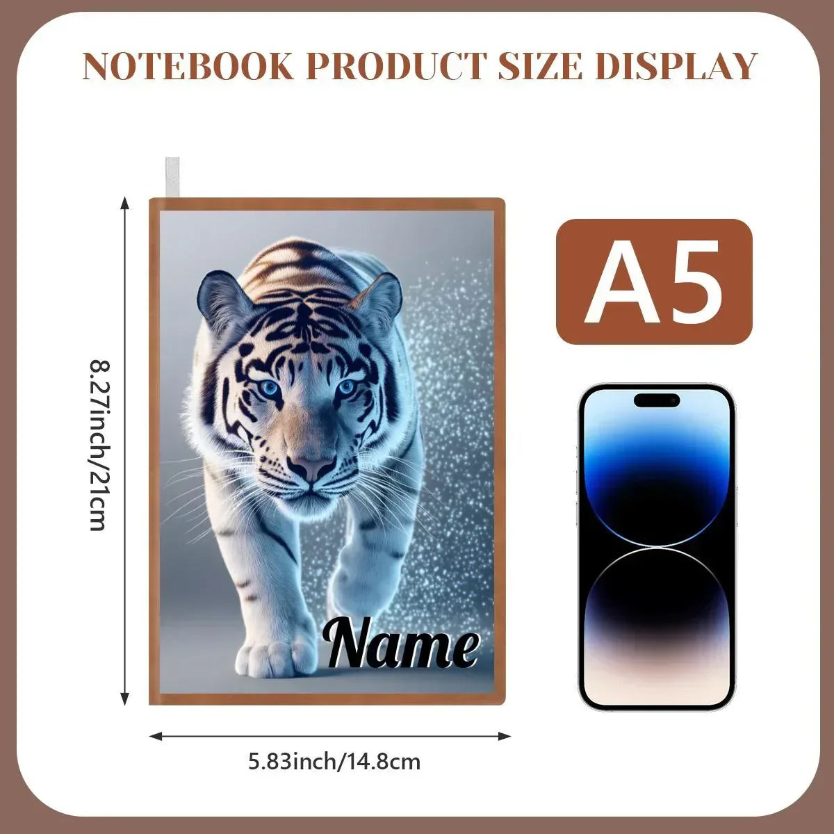 Personalized Tiger Notebook | Custom Name | White Tiger Icy Blue Frost Walking Toward You A5 PU Leather Writing Journal Gift