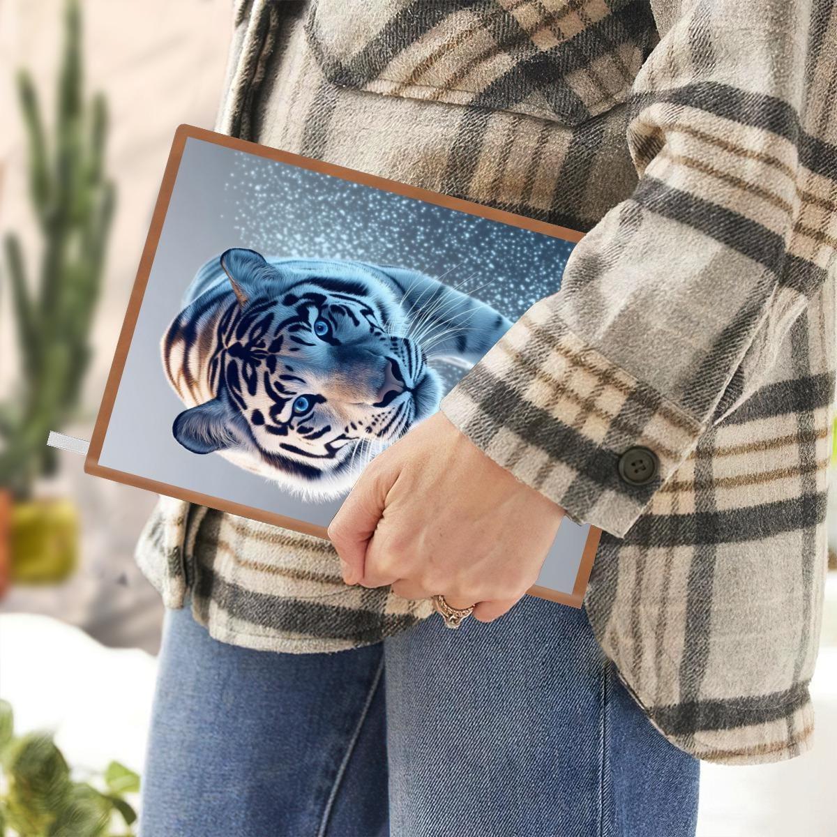 Personalized Tiger Notebook | Custom Name | White Tiger Icy Blue Frost Walking Toward You A5 PU Leather Writing Journal Gift