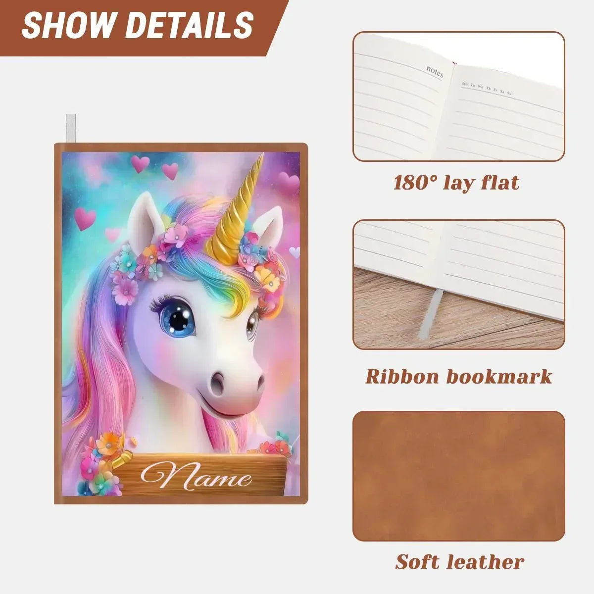 Personalized Unicorn Notebook | Custom Name | Pastel Rainbow Unicorn Floral Crown Heart A5 PU Leather Journal Gift
