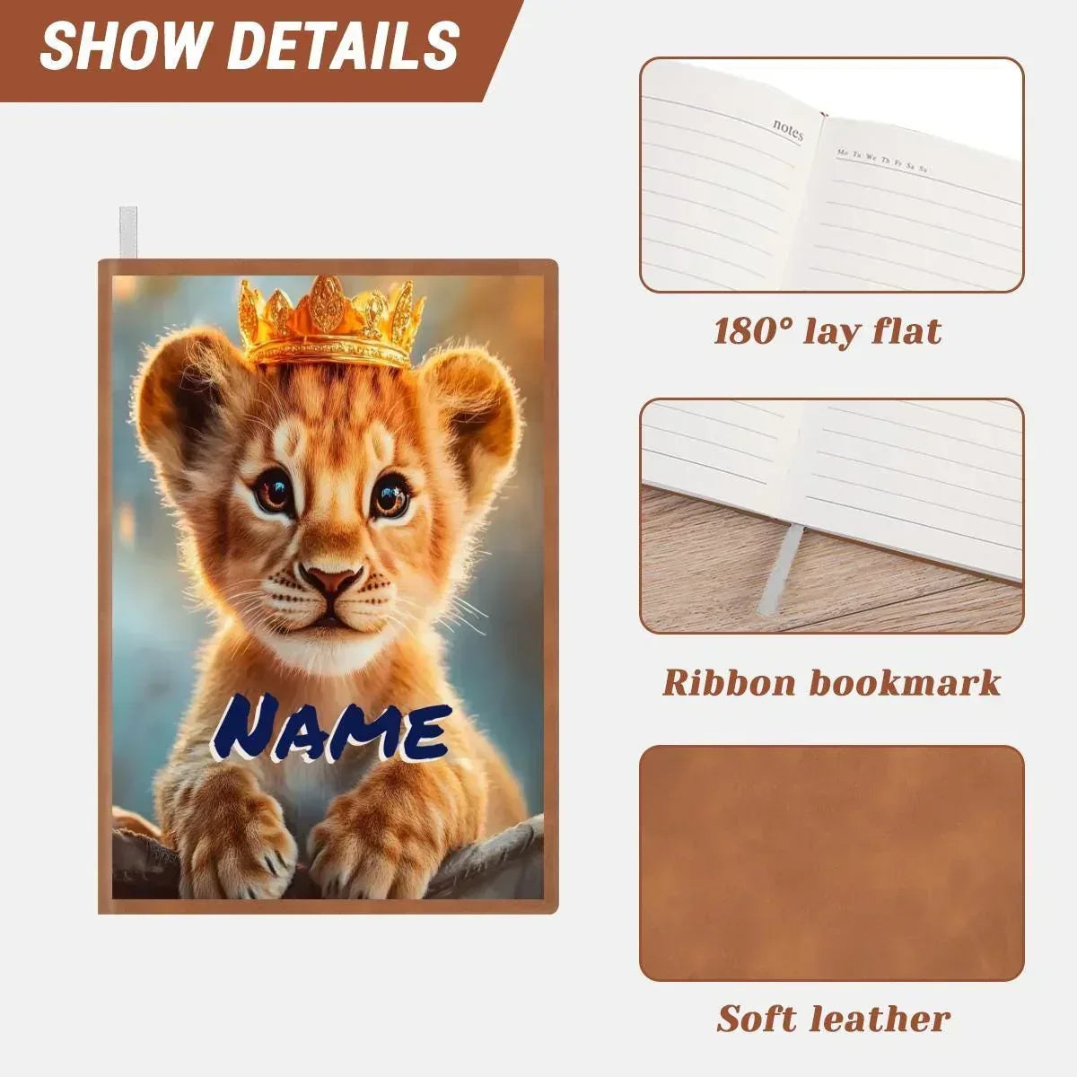 Personalized Lion Cub Notebook | Custom Name | Golden Crown Baby Lion A5 Journal Gift for Kids