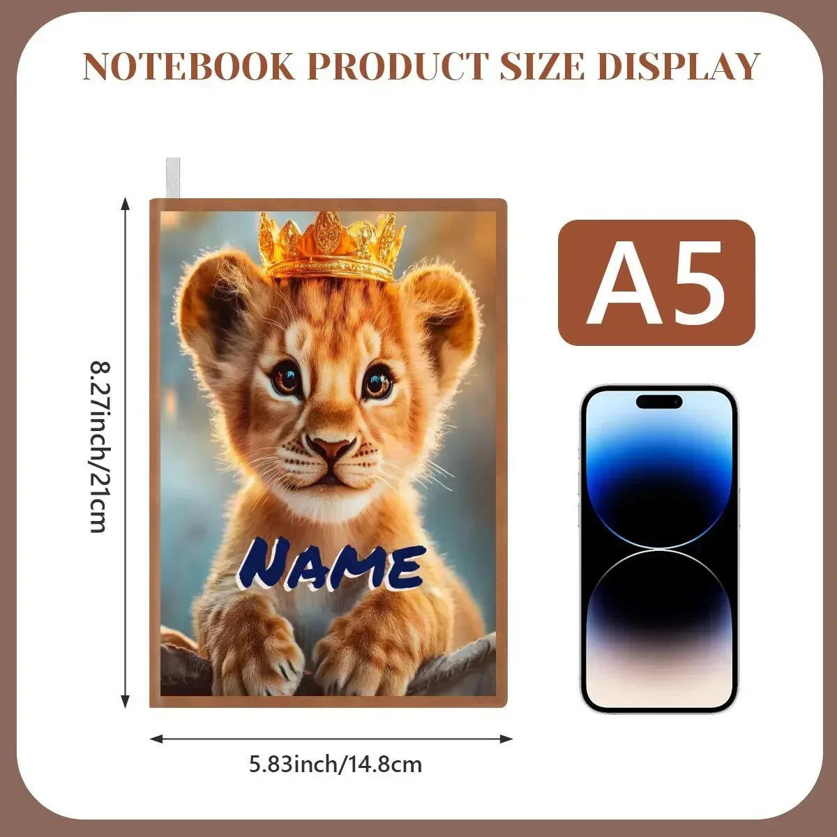 Personalized Lion Cub Notebook | Custom Name | Golden Crown Baby Lion A5 Journal Gift for Kids