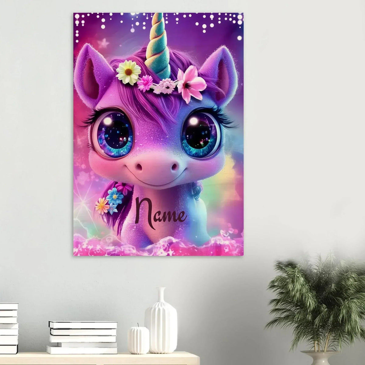 Personalized Unicorn Wall Art | Custom Name | Galaxy Eyes Baby Unicorn Floral Crown Purple Pink Wood Print Nursery Decor Gift