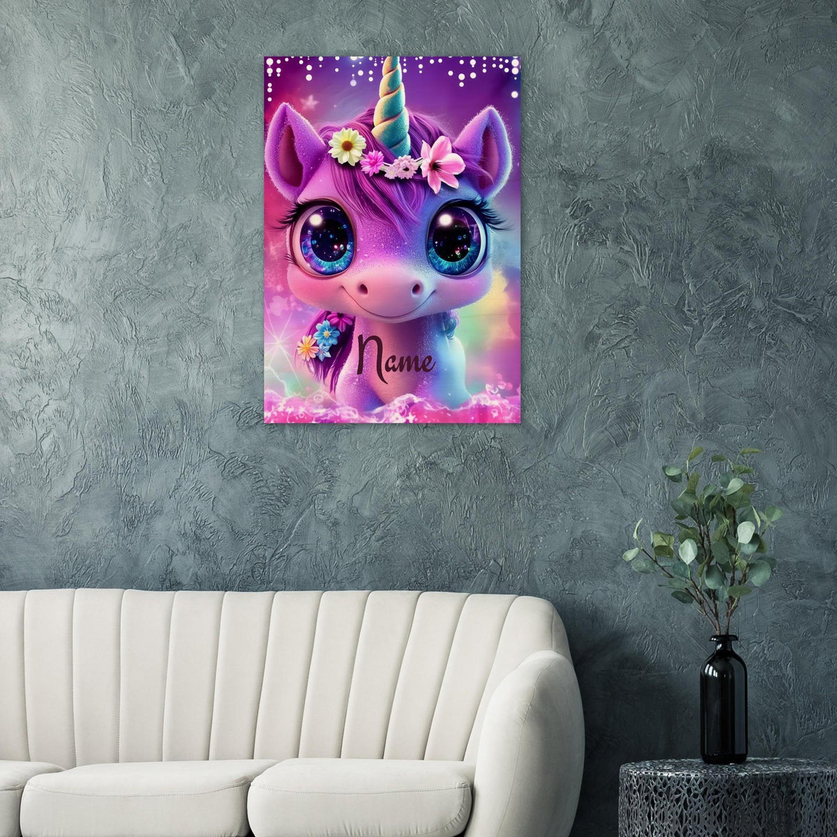 Personalized Unicorn Wall Art | Custom Name | Galaxy Eyes Baby Unicorn Floral Crown Purple Pink Wood Print Nursery Decor Gift