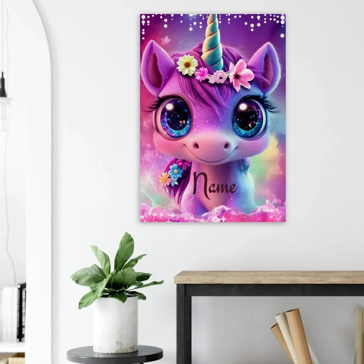 Personalized Unicorn Wall Art | Custom Name | Galaxy Eyes Baby Unicorn Floral Crown Purple Pink Wood Print Nursery Decor Gift