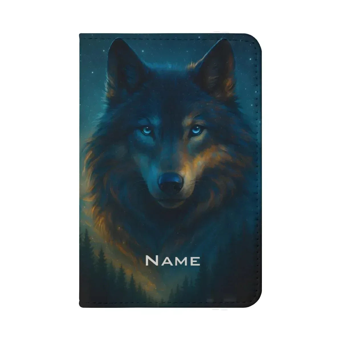 Personalized Wolf Passport Holder | Custom Name | Dark Wolf Ice-Blue Eyes Teal Starry Night PU Leather Travel Wallet Gift