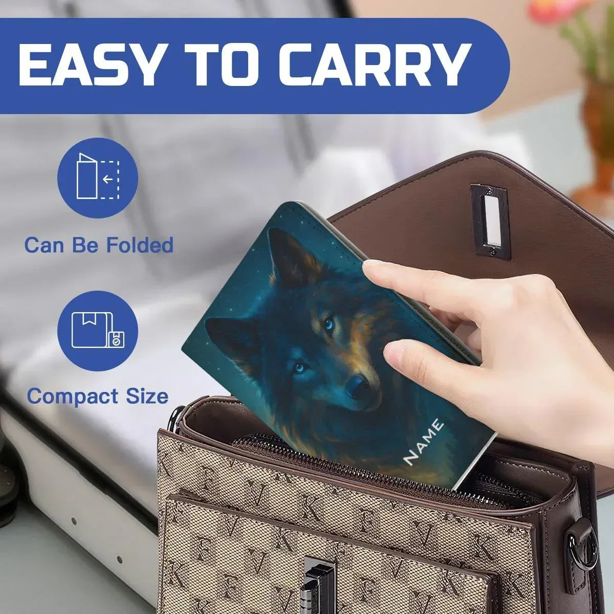 Personalized Wolf Passport Holder | Custom Name | Dark Wolf Ice-Blue Eyes Teal Starry Night PU Leather Travel Wallet Gift