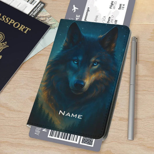 Personalized Wolf Passport Holder | Custom Name | Dark Wolf Ice-Blue Eyes Teal Starry Night PU Leather Travel Wallet Gift