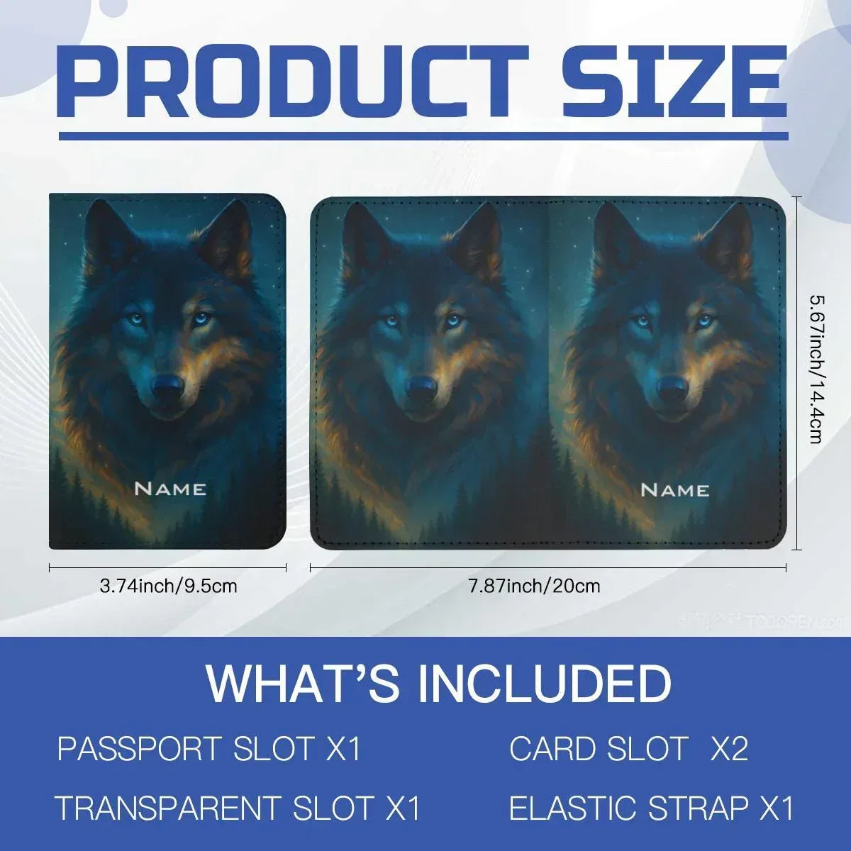 Personalized Wolf Passport Holder | Custom Name | Dark Wolf Ice-Blue Eyes Teal Starry Night PU Leather Travel Wallet Gift