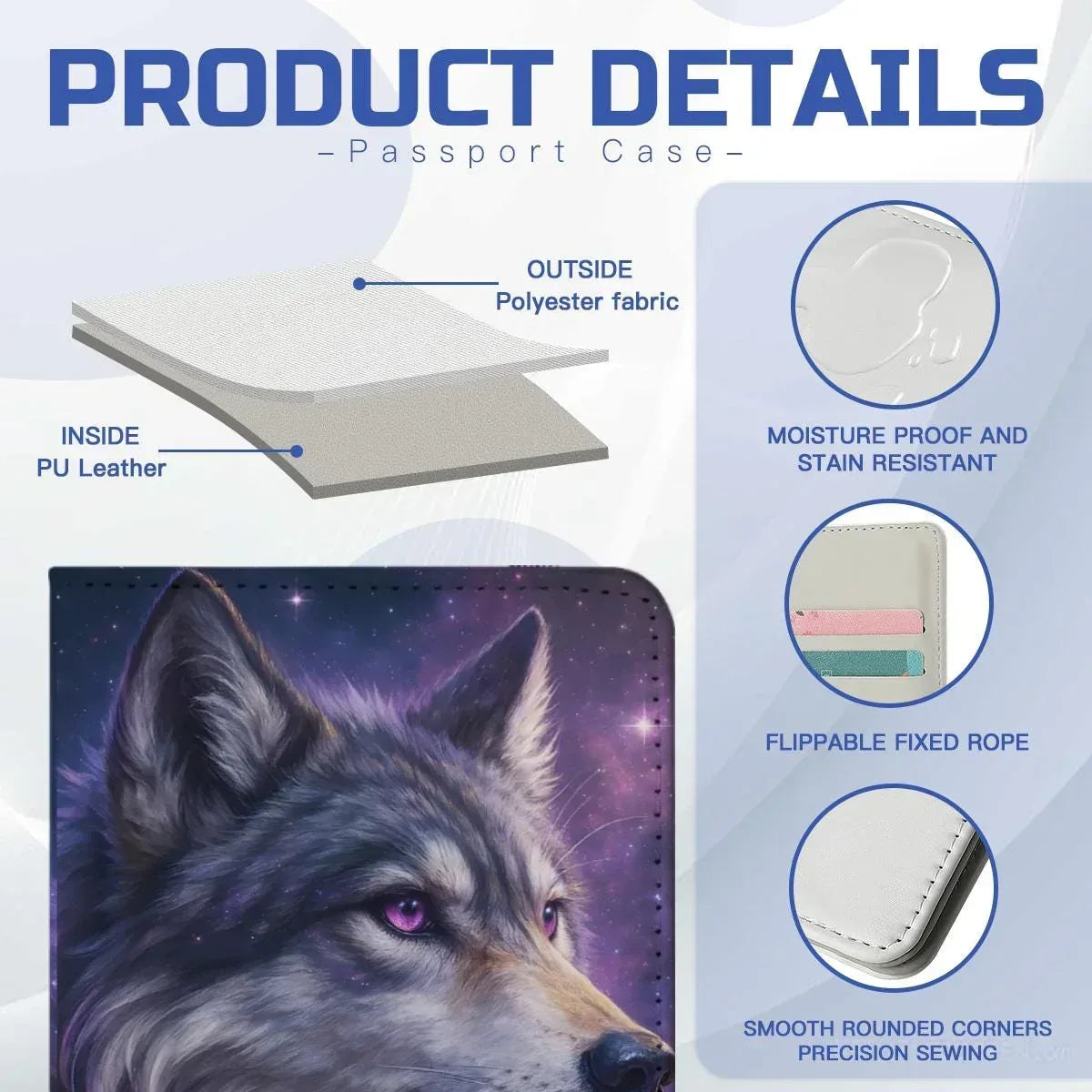 Personalized Galaxy Wolf Passport Holder | Custom Name | Purple Eyes Cosmic Wolf PU Leather Travel Cover