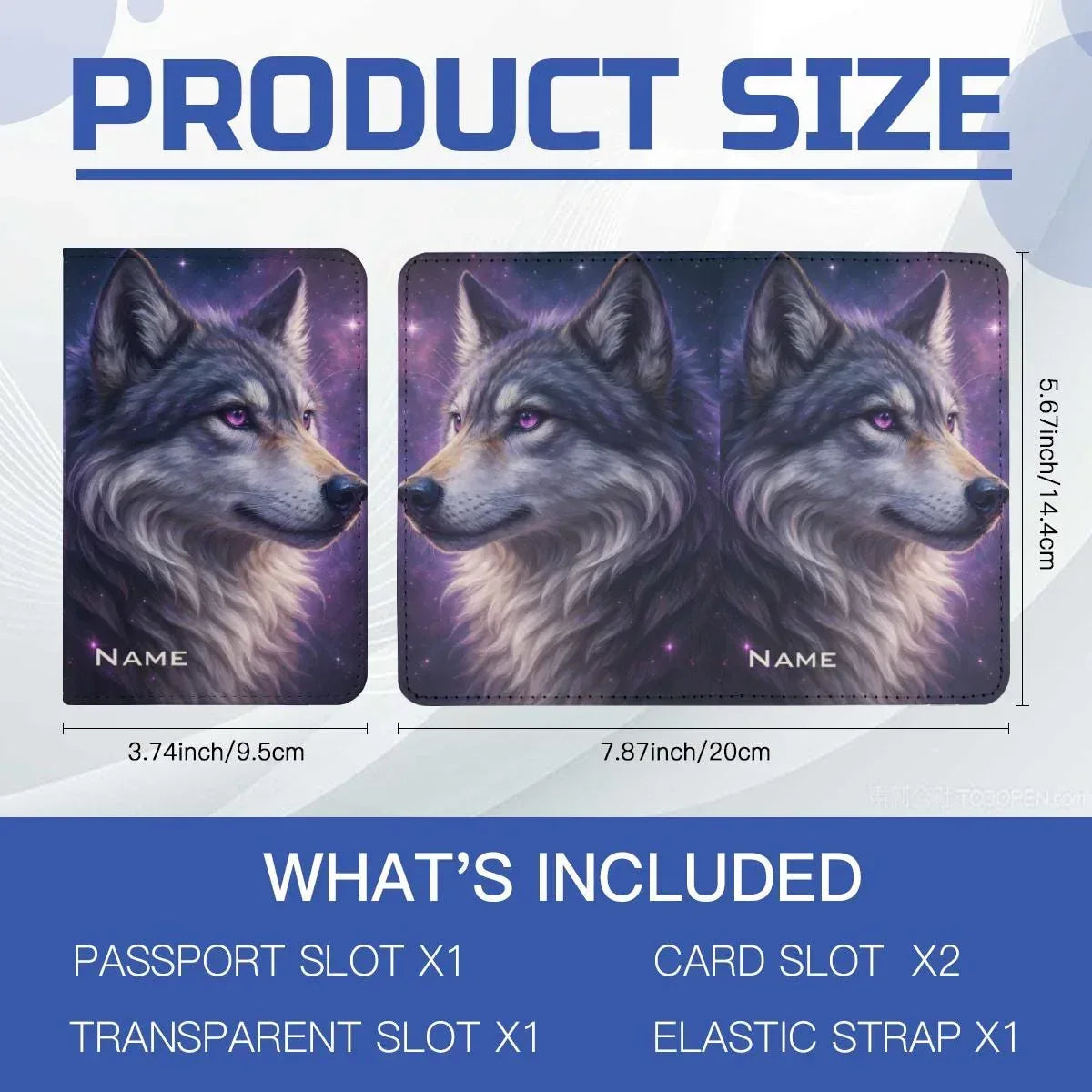 Personalized Galaxy Wolf Passport Holder | Custom Name | Purple Eyes Cosmic Wolf PU Leather Travel Cover