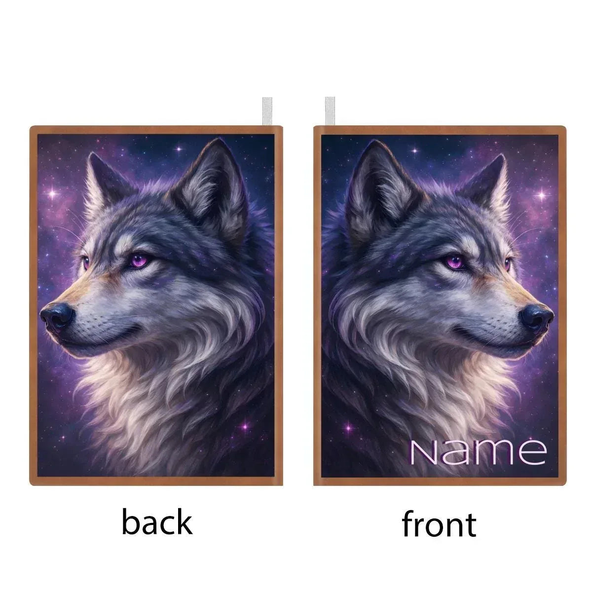 Personalized Wolf Journal | Custom Name | Cosmic Galaxy Portrait Glowing Violet Eye Purple Starry Sky A5 PU Leather Notebook Gift