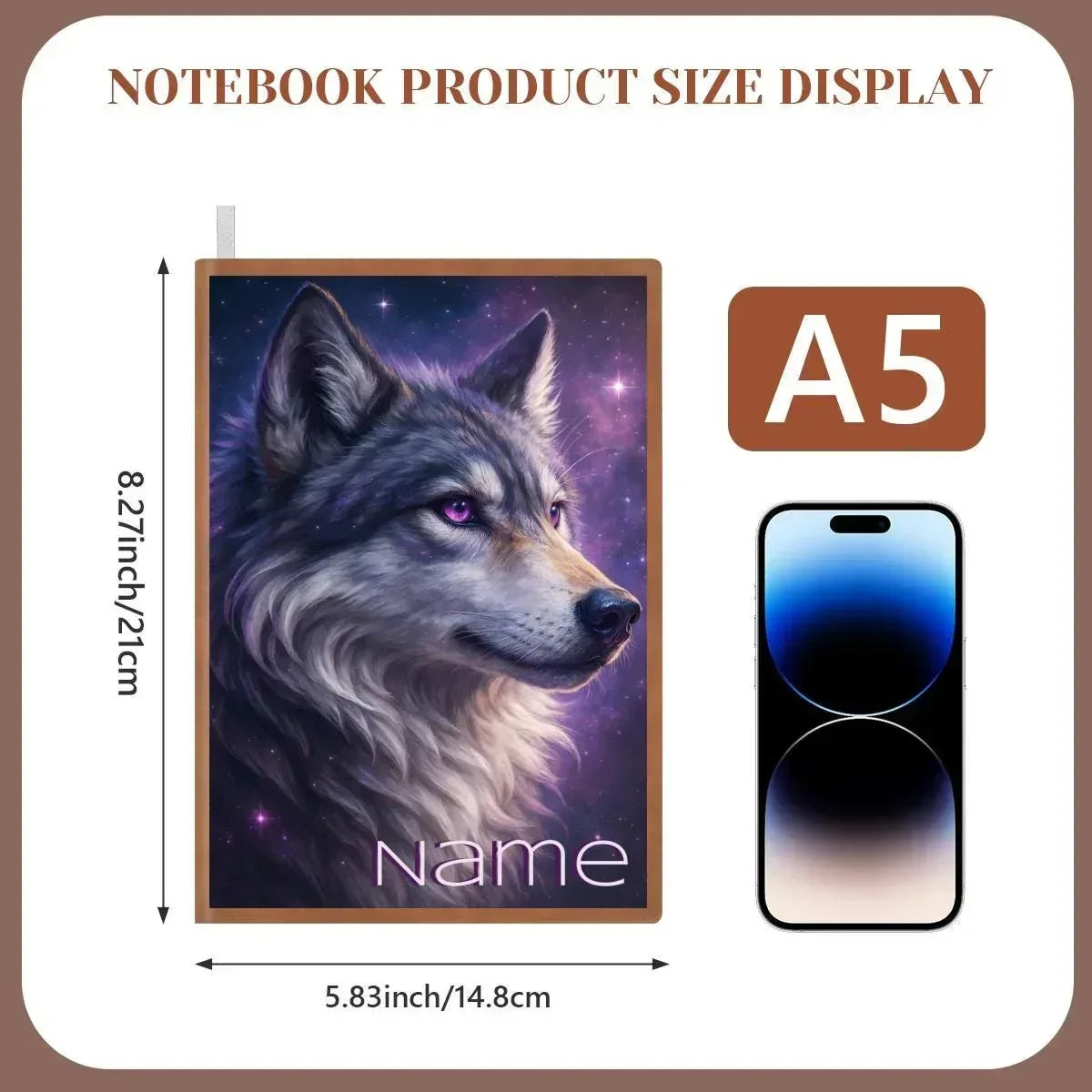 Personalized Wolf Journal | Custom Name | Cosmic Galaxy Portrait Glowing Violet Eye Purple Starry Sky A5 PU Leather Notebook Gift