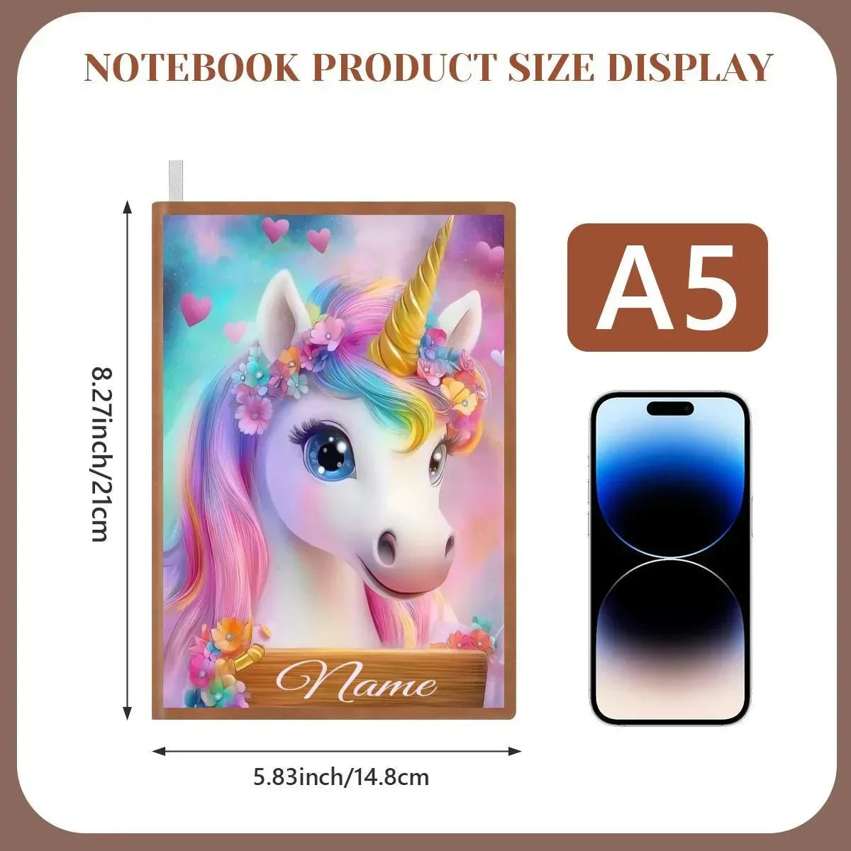 Personalized Unicorn Notebook | Custom Name | Pastel Rainbow Unicorn Floral Crown Heart A5 PU Leather Journal Gift