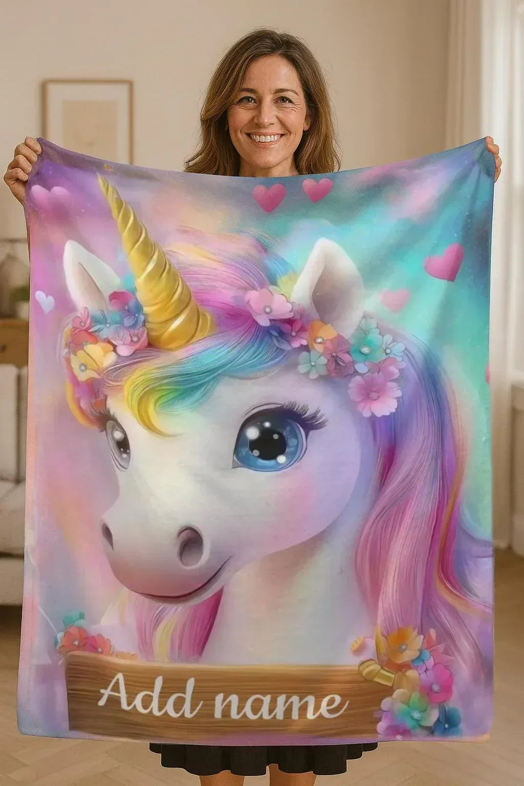 Personalized Unicorn Blanket | Custom Name | Rainbow Mane Blue Eyes Gold Horn Fleece Throw Gift for Girls
