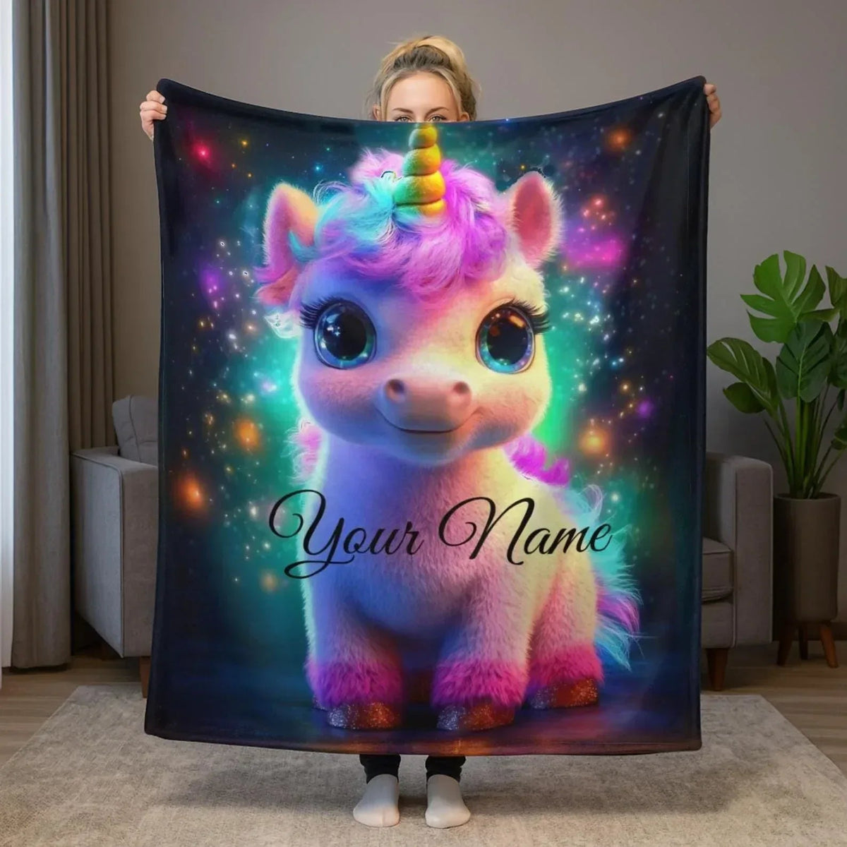 Personalized Cosmic Unicorn Blanket | Custom Name | Rainbow Galaxy Fleece Throw Gift