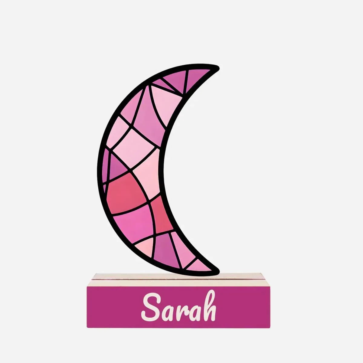Personalized Pink Stained Glass Crescent Moon Night Light | Custom Name Wooden Base Lamp