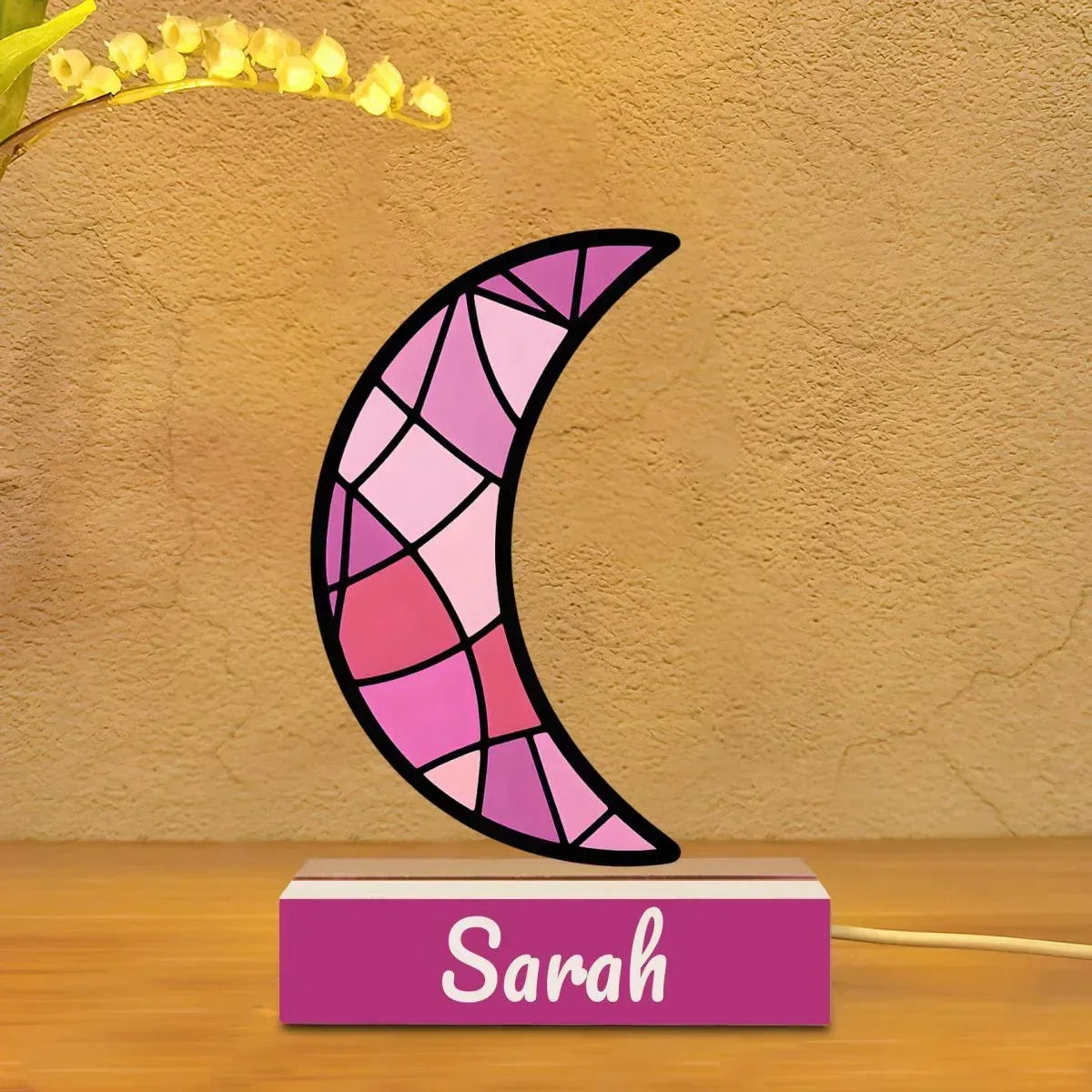 Personalized Pink Stained Glass Crescent Moon Night Light | Custom Name Wooden Base Lamp