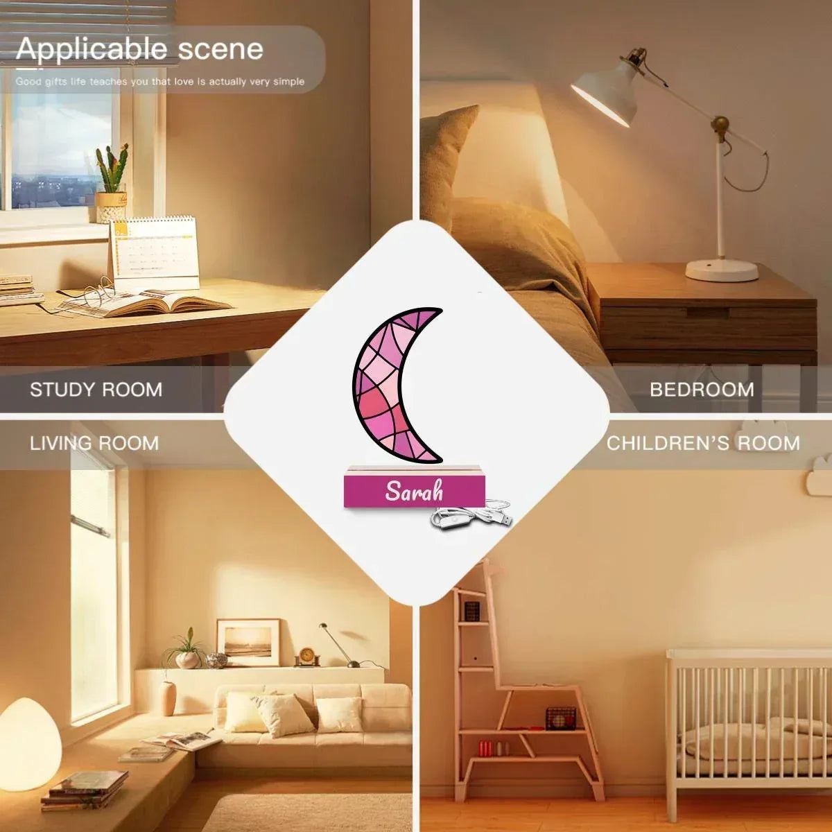 Personalized Pink Stained Glass Crescent Moon Night Light | Custom Name Wooden Base Lamp