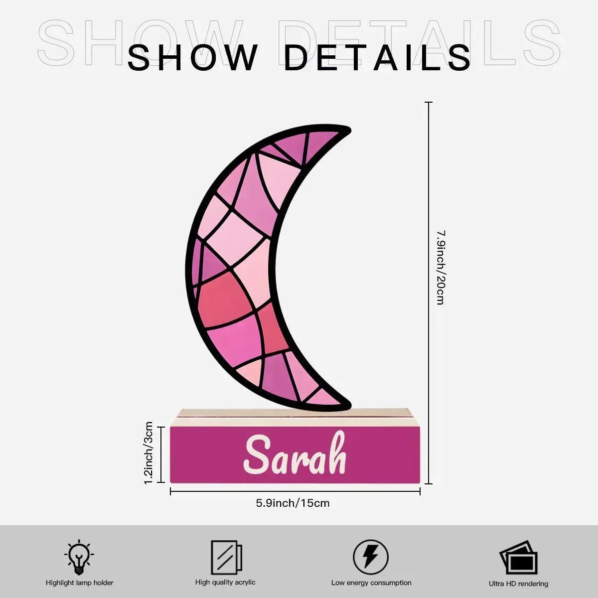 Personalized Pink Stained Glass Crescent Moon Night Light | Custom Name Wooden Base Lamp