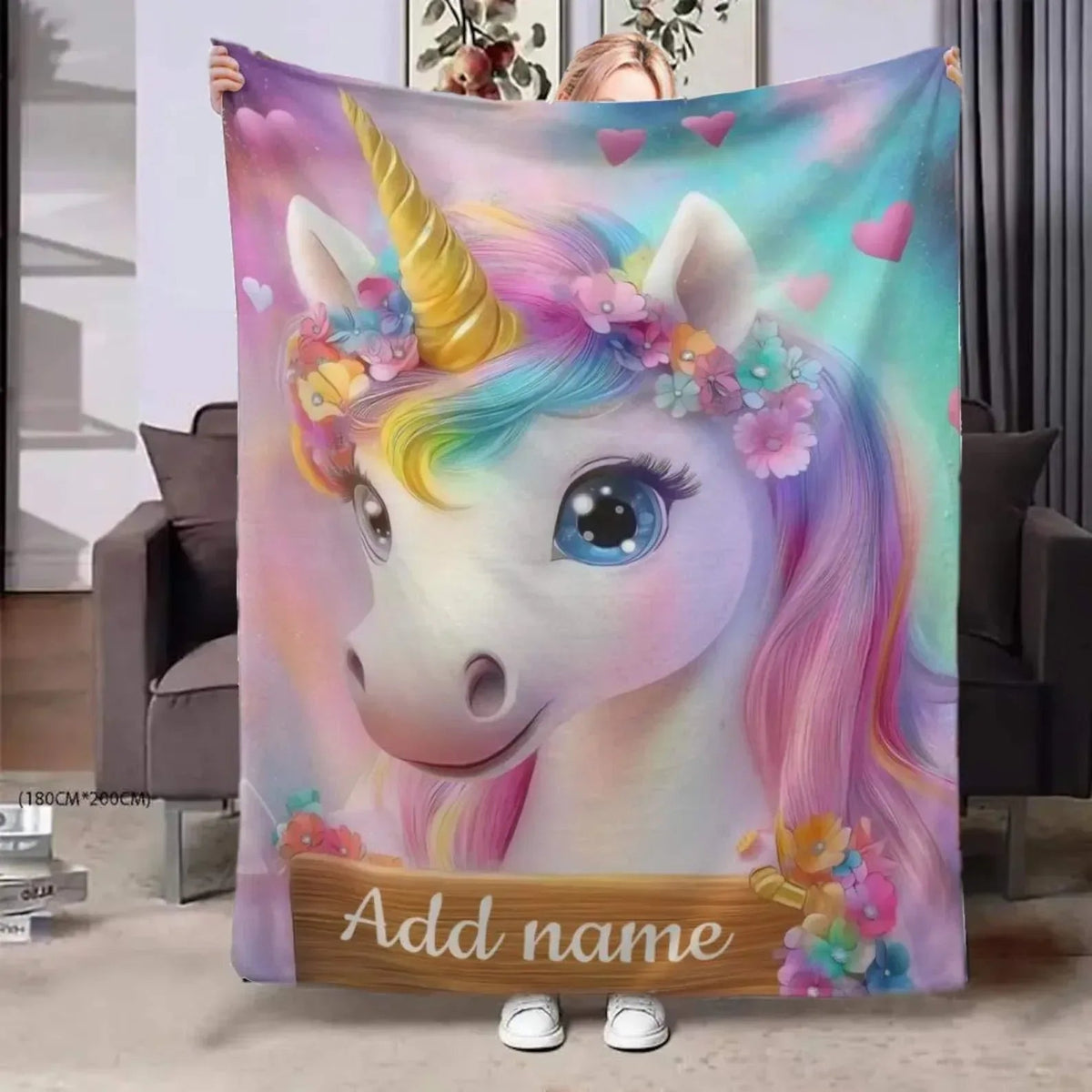 Personalized Unicorn Blanket | Custom Name | Rainbow Mane Blue Eyes Gold Horn Fleece Throw Gift for Girls