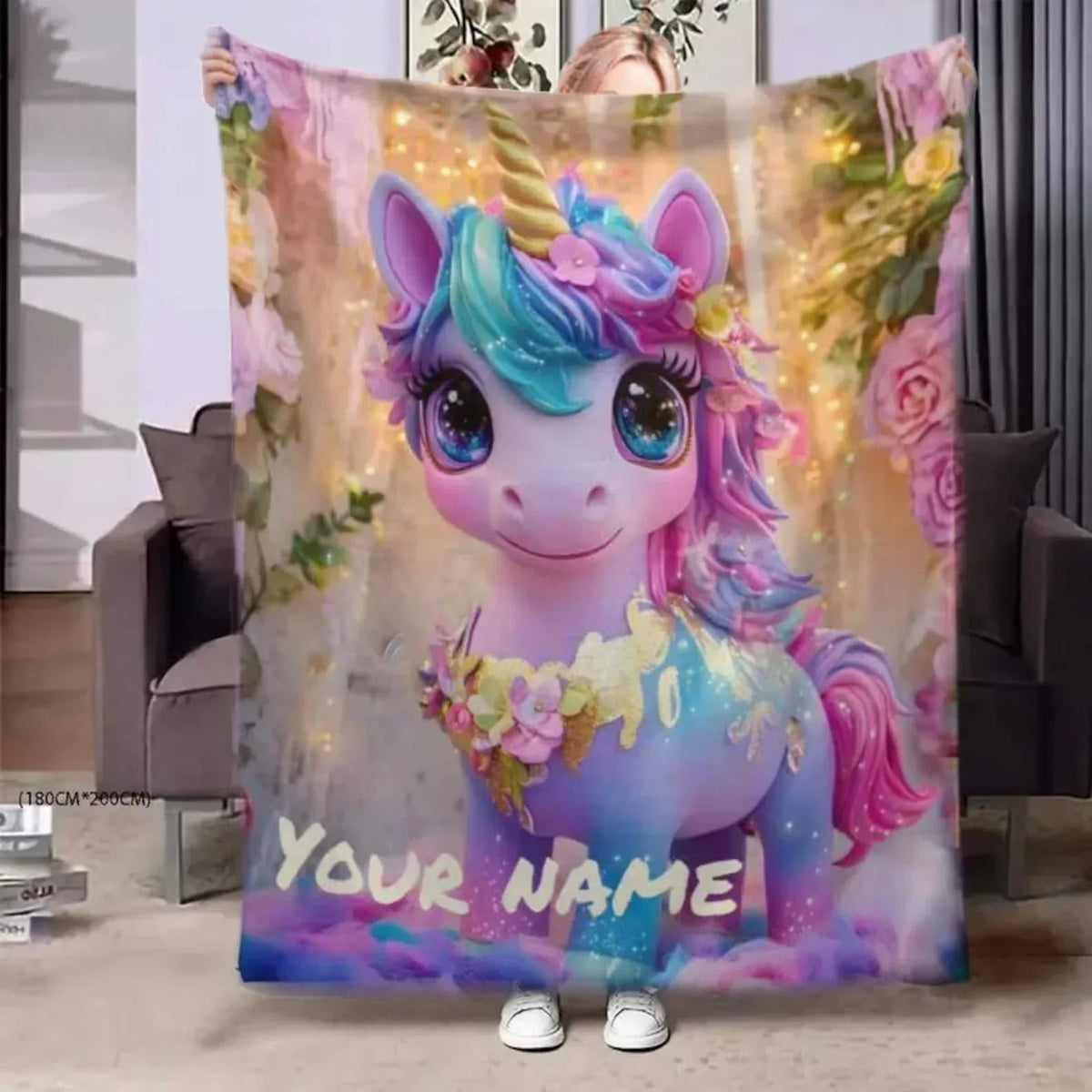 Personalized Unicorn Blanket | Custom Name | Baby Unicorn Rainbow Mane Floral Garden Sparkle 3D Flannel Fleece Throw Gift