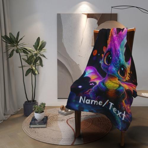 Personalized Rainbow Dragon Blanket | Custom Name | Glowing Black 310gsm Fleece Throw Gift