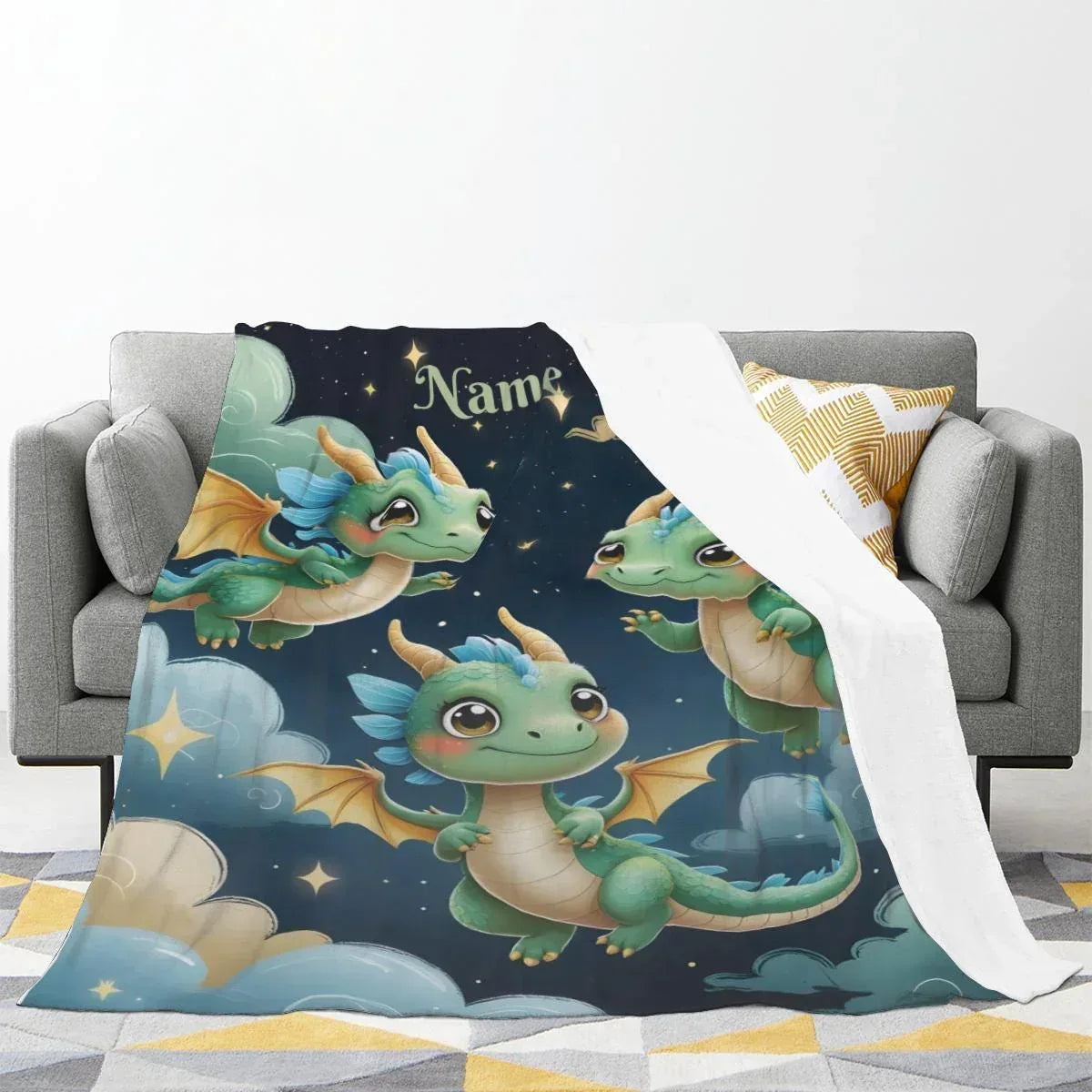 Personalized Green Dragon Blanket | Custom Name | Starry Night Fleece Throw