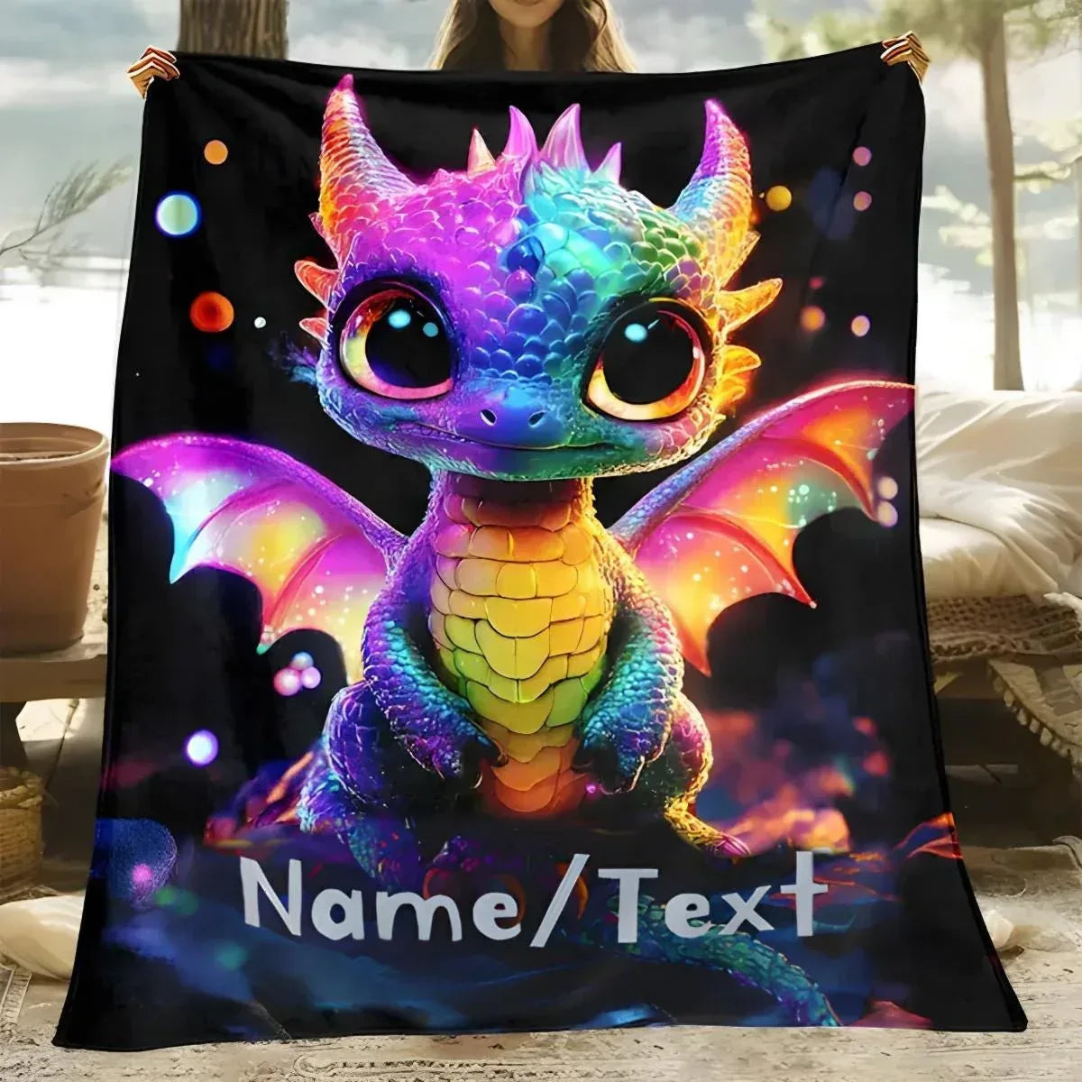 Personalized Rainbow Dragon Blanket | Custom Name | Glowing Black 310gsm Fleece Throw Gift
