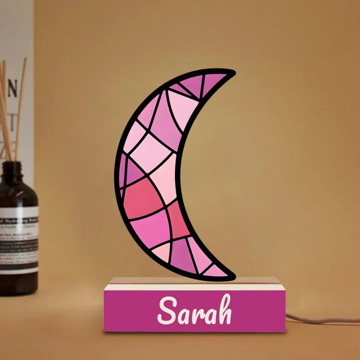 Personalized Pink Stained Glass Crescent Moon Night Light | Custom Name Wooden Base Lamp