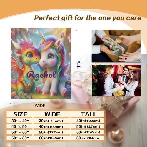 Personalized Unicorn and Dragon Blanket | Custom Name | Baby Dragon Unicorn Friends Fleece Throw Gift