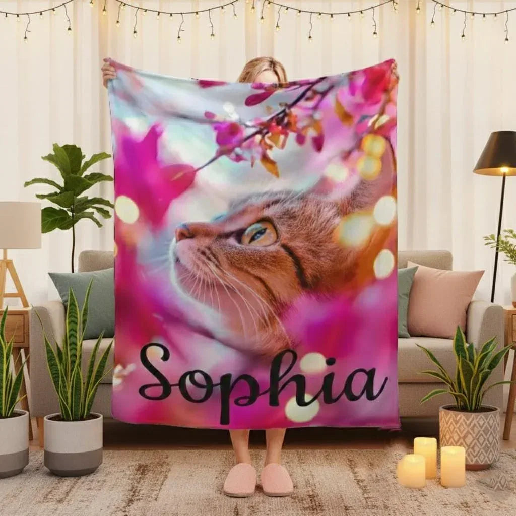 Personalized Cat Blanket | Custom Name | Tabby Cat Teal Eyes Hot Pink Cherry Blossom Bokeh Golden Light Fleece Throw Gift