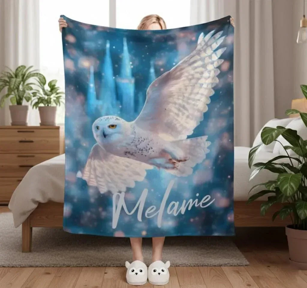Personalized Snowy Owl Blanket | Custom Name | Blue Galaxy Fleece Throw Gift