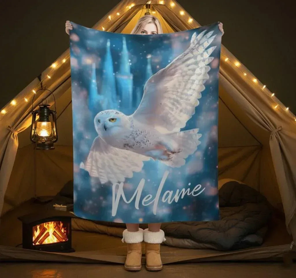 Personalized Snowy Owl Blanket | Custom Name | Blue Galaxy Fleece Throw Gift