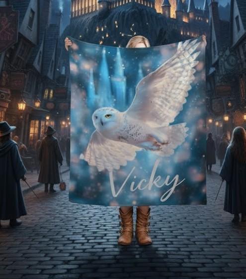 Personalized Snowy Owl Blanket | Custom Name | Blue Galaxy Fleece Throw Gift