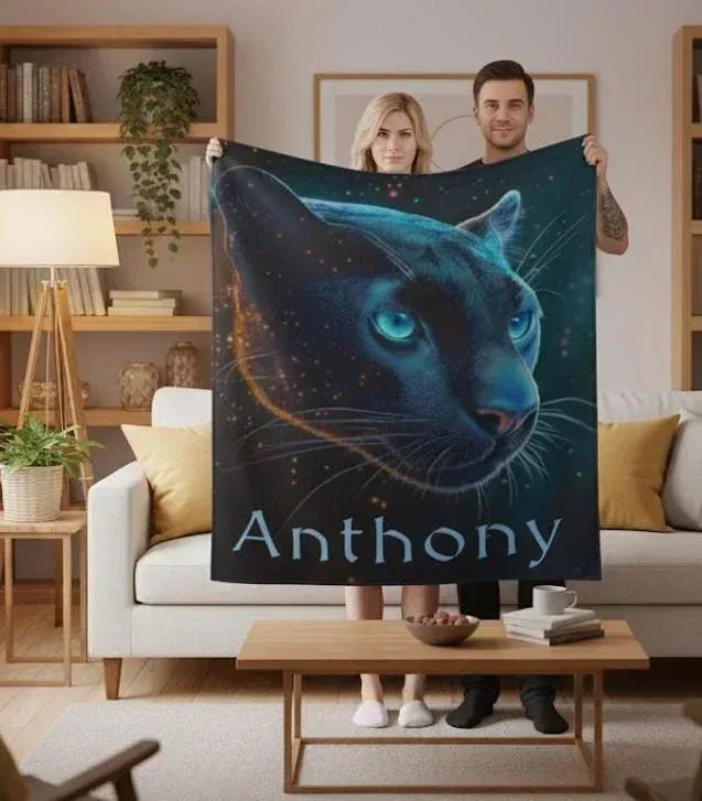 Personalized Black Panther Blanket | Custom Name | Cosmic Portrait Glowing Teal Eyes Starry Night Flannel Fleece Throw Gift