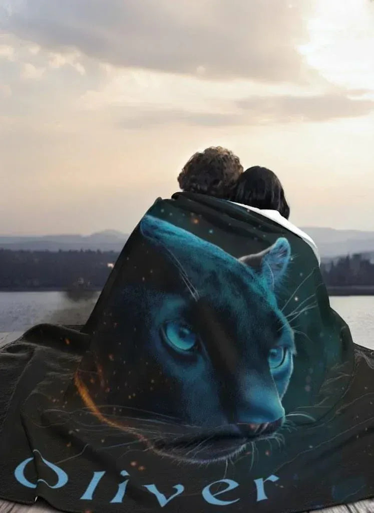 Personalized Black Panther Blanket | Custom Name | Cosmic Portrait Glowing Teal Eyes Starry Night Flannel Fleece Throw Gift