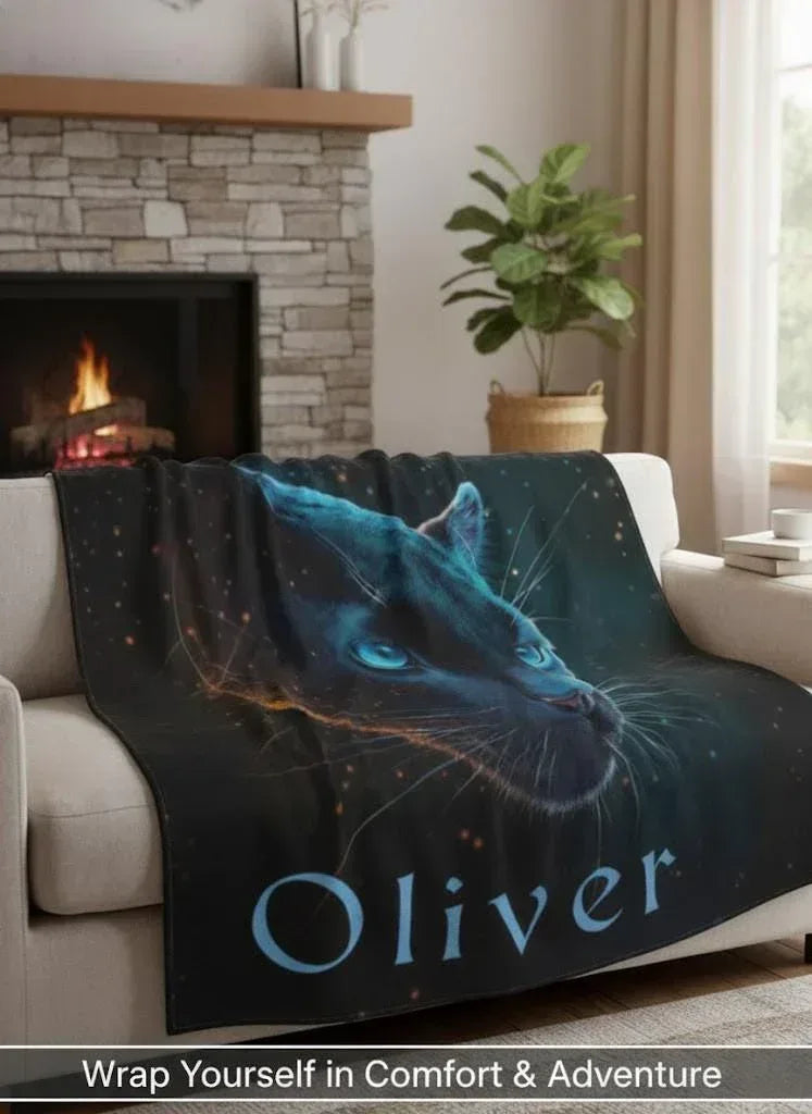 Personalized Black Panther Blanket | Custom Name | Cosmic Portrait Glowing Teal Eyes Starry Night Flannel Fleece Throw Gift