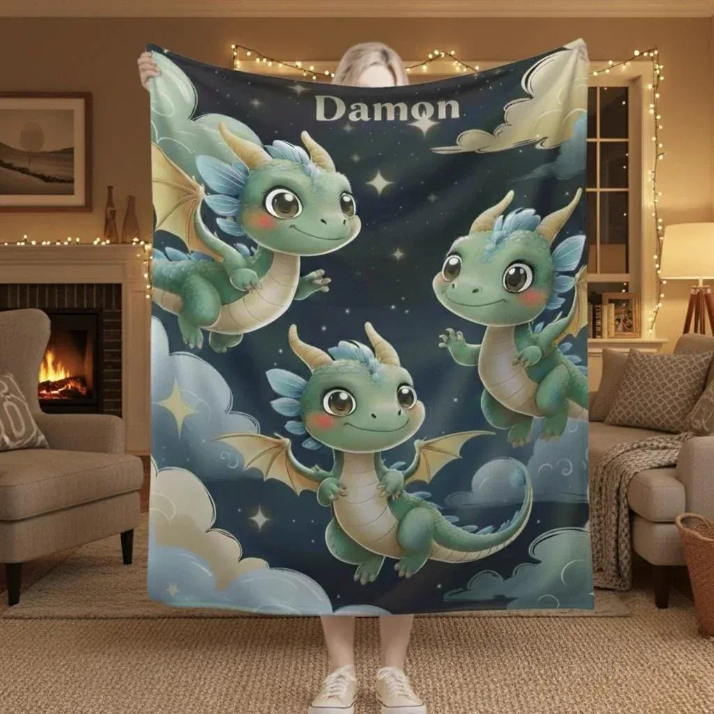 Personalized Green Dragon Blanket | Custom Name | Starry Night Fleece Throw