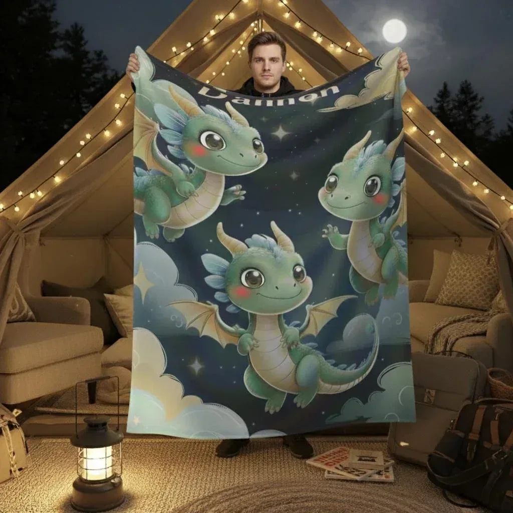 Personalized Green Dragon Blanket | Custom Name | Starry Night Fleece Throw