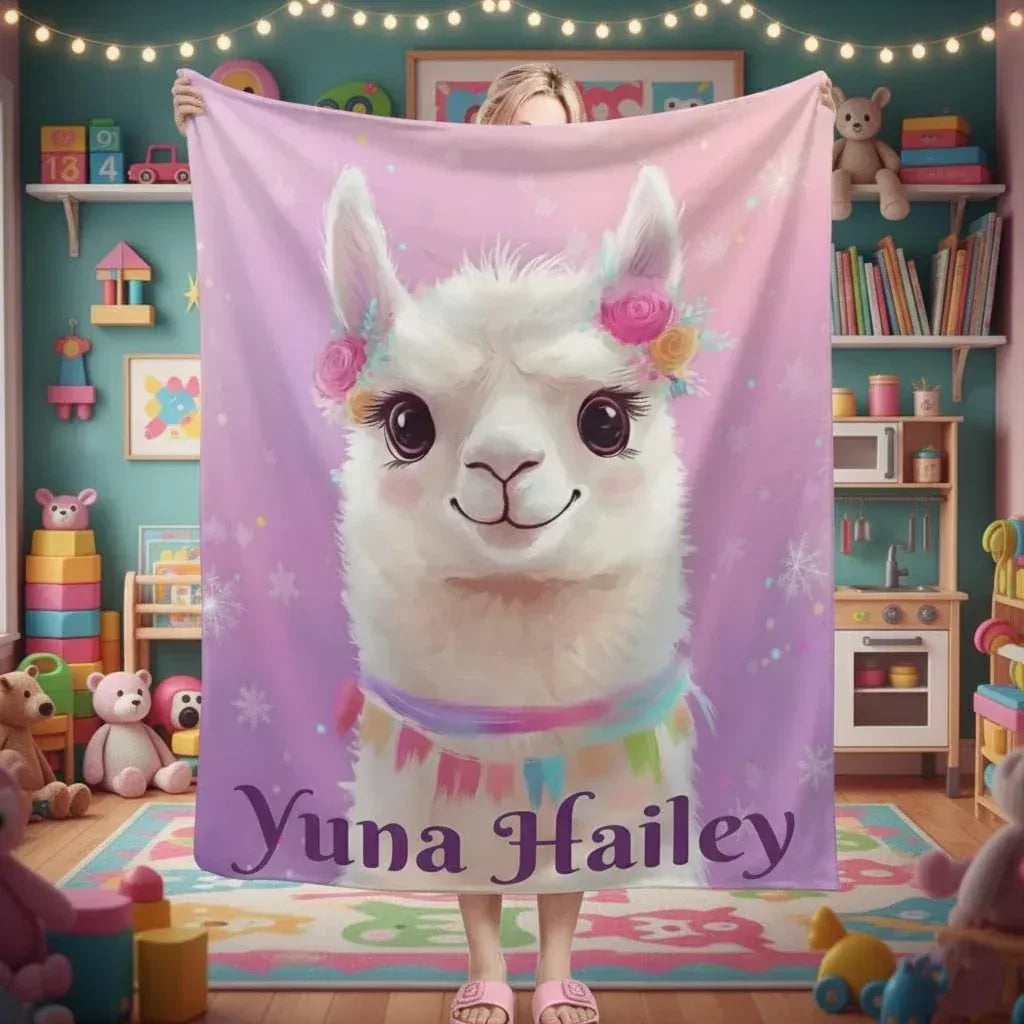 Personalized Llama Blanket | Custom Name | Pink Purple Alpaca Face Fleece Throw Gift