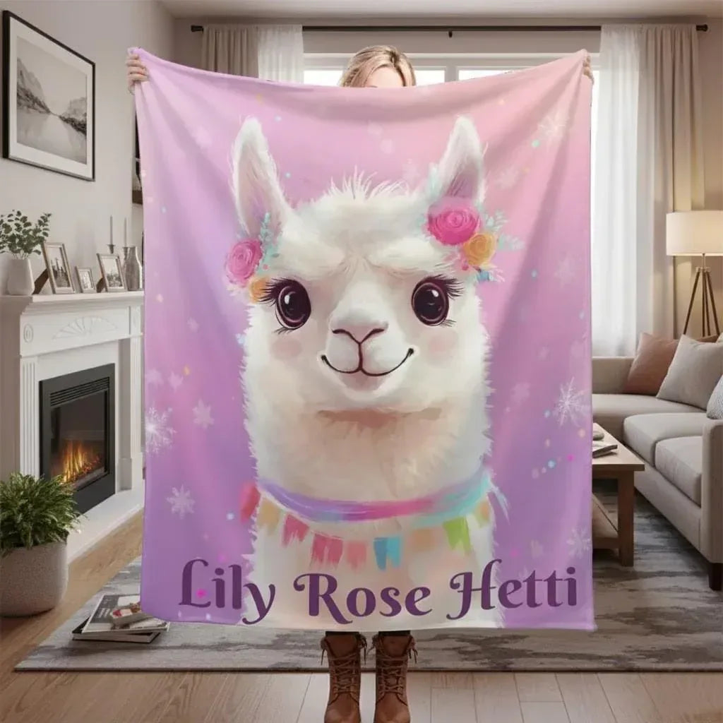 Personalized Llama Blanket | Custom Name | Pink Purple Alpaca Face Fleece Throw Gift