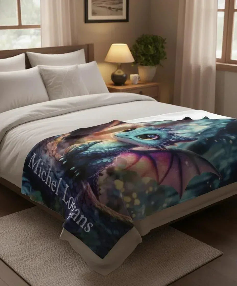 Personalized Blue Dragon Blanket | Custom Name | Magical Fantasy Fleece Throw Gift