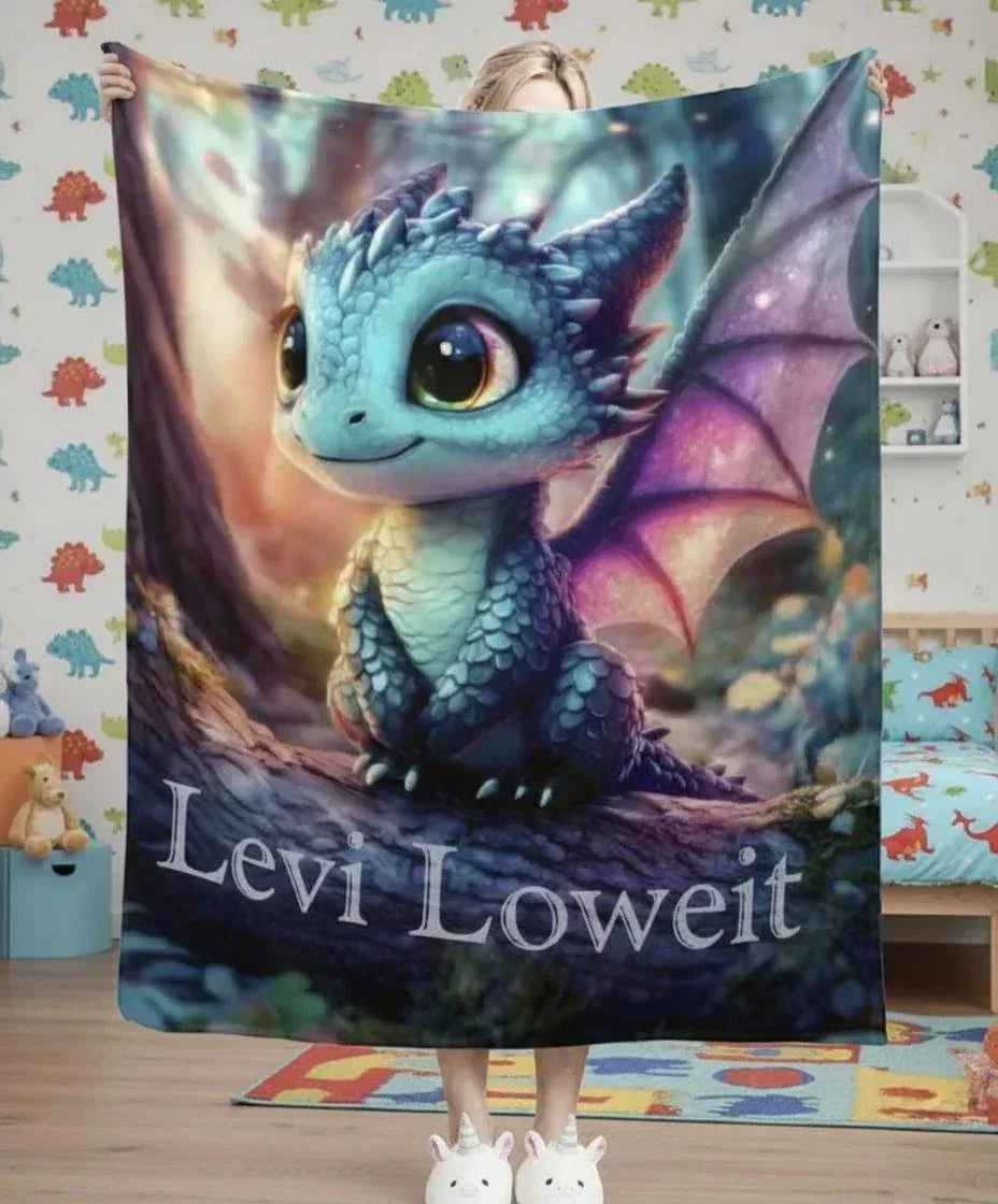 Personalized Blue Dragon Blanket | Custom Name | Magical Fantasy Fleece Throw Gift
