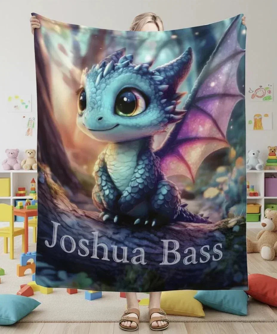 Personalized Blue Dragon Blanket | Custom Name | Magical Fantasy Fleece Throw Gift